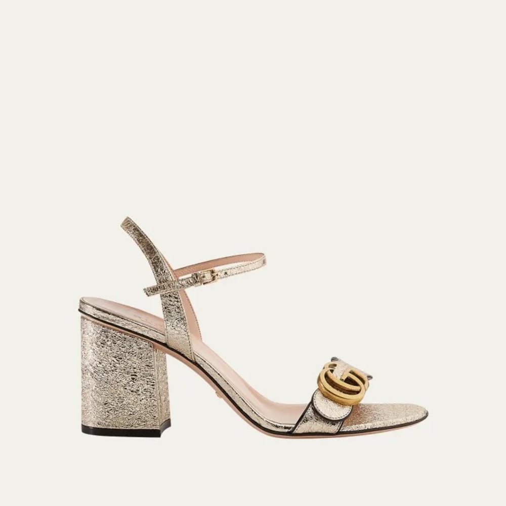 Gucci Gold Metallic Block Heel Sandals with Double G Accent